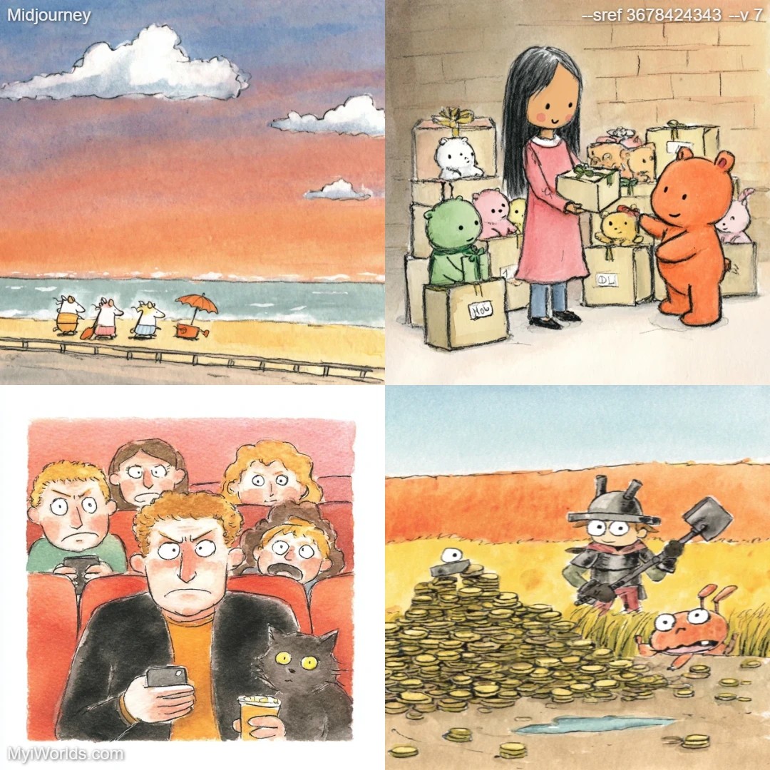 Cartoon watercolor art with muted colors and stylized character design.