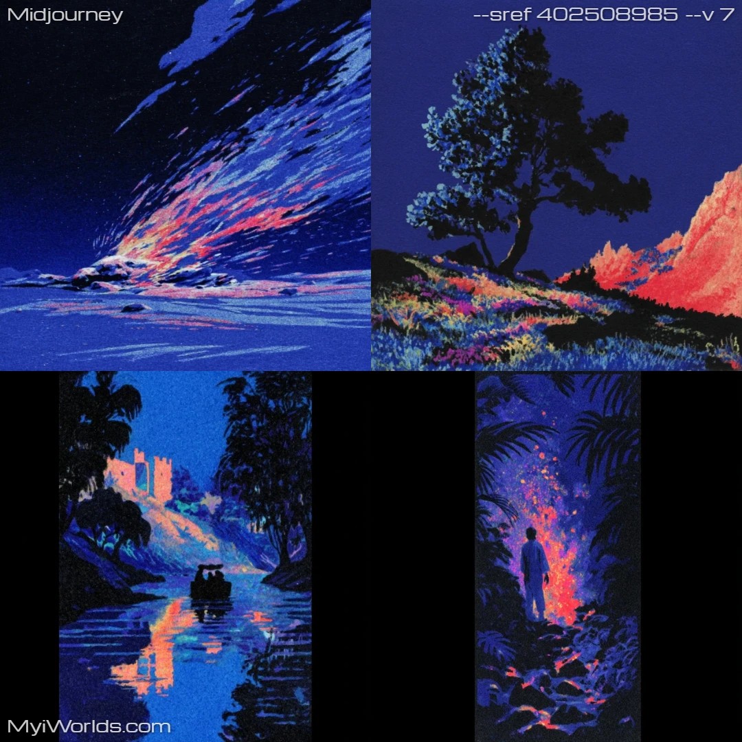 Digital landscape with nighttime atmosphere, using dark tones to highlight contrast and depth.