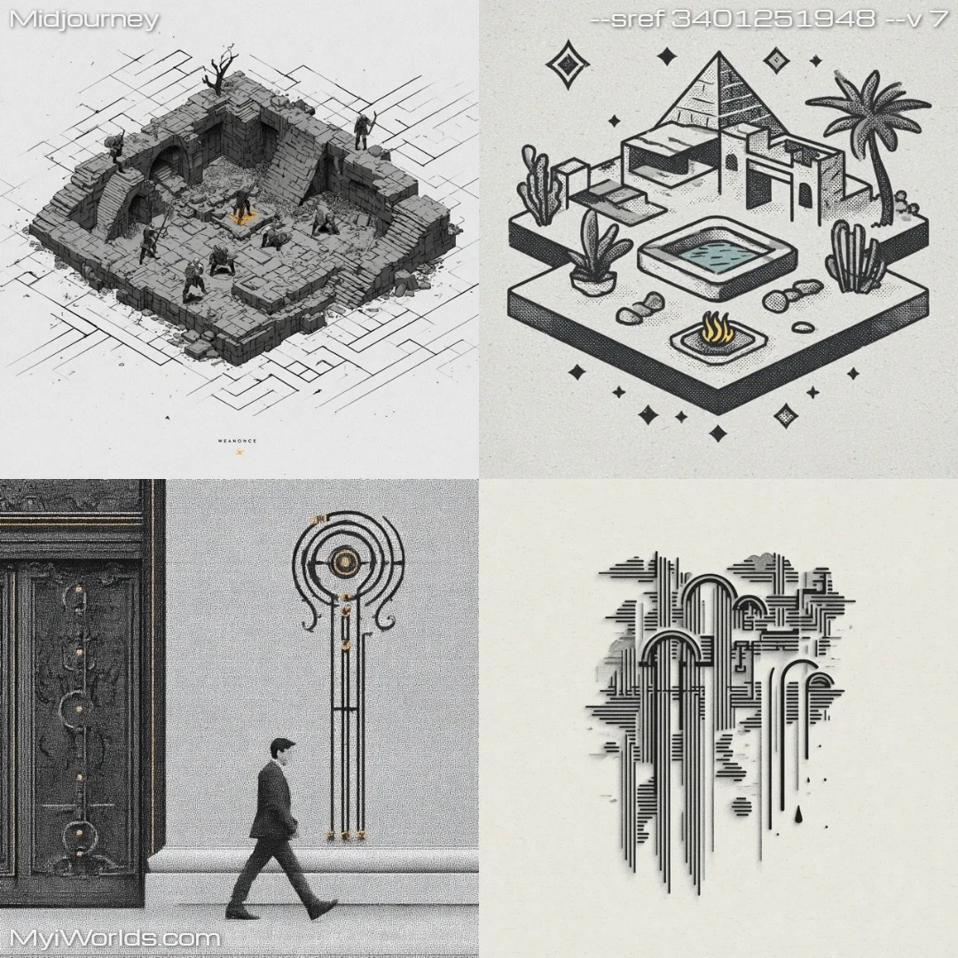 High contrast digital illustration with urban fantasy themes in an isometric perspective.