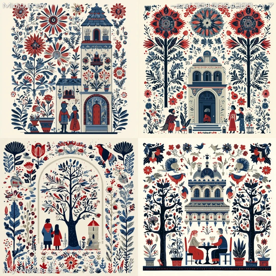 Blue-and-white floral tapestry with stylized trees and flowers.