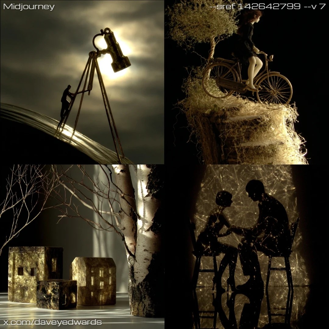 Mixed media shadow play with dreamlike composition.