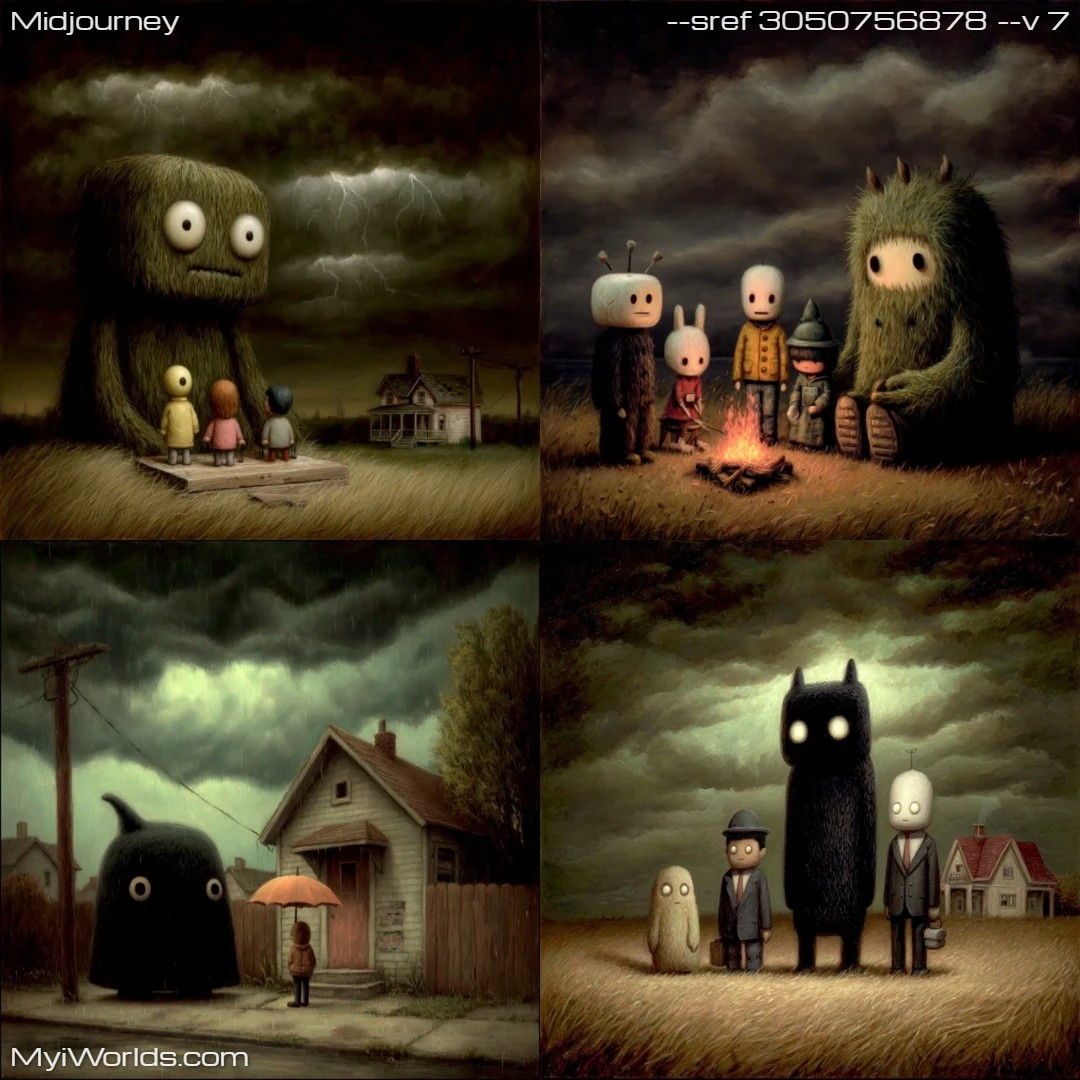 Surreal-monochromatic-artwork-with-a-narrative-focus,-featuring-silhouetted-figures-against-a-dynamic-sky.