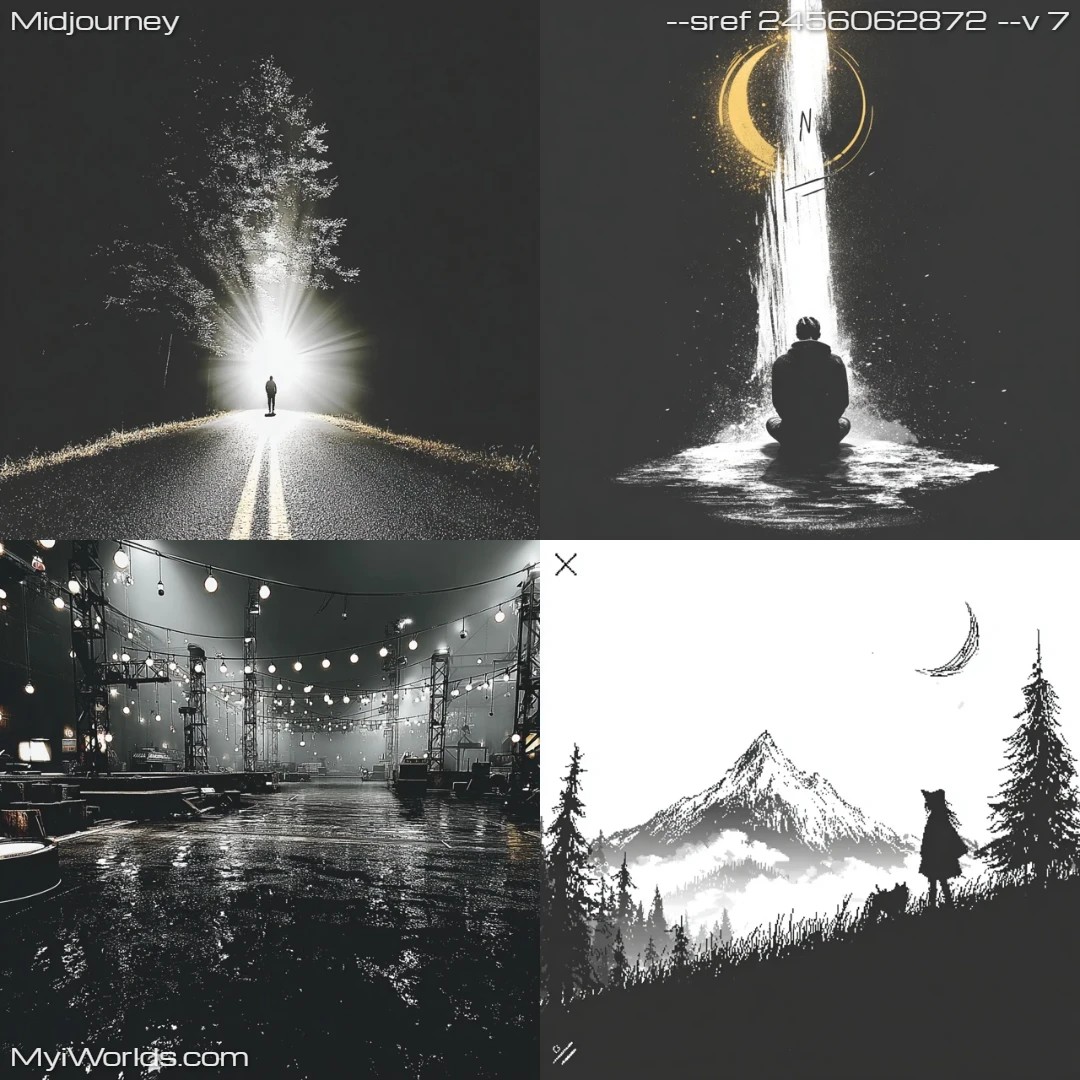 Silhouette art in monochrome with high contrast and atmospheric perspective.