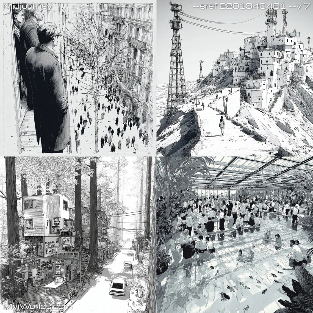Comic art with line drawing and black-and-white urban scenery.