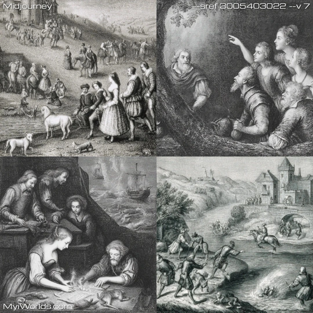 Realistic monochromatic painting with a narrative focus.