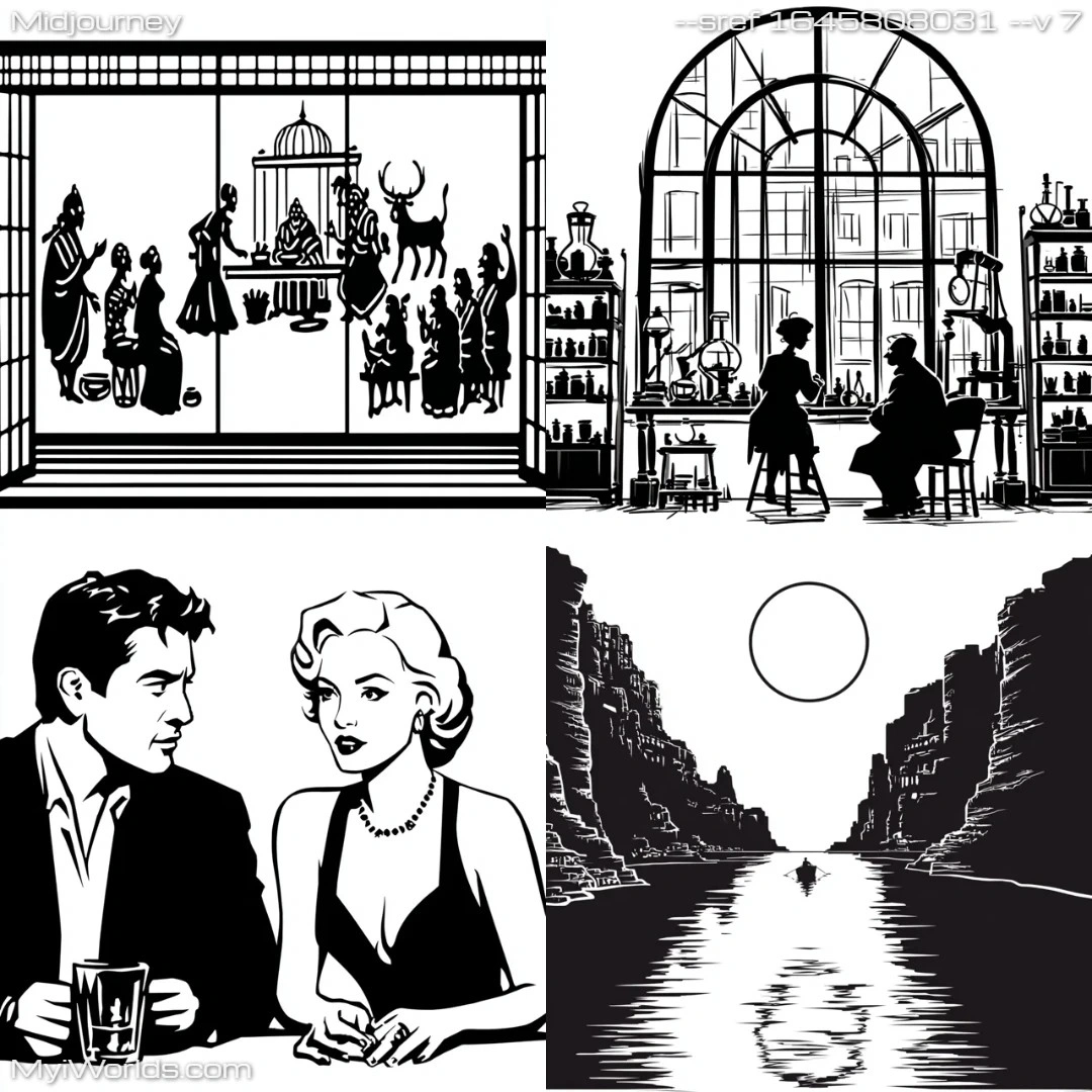 Noir-style black and white illustration with high contrast and a monochromatic color scheme.