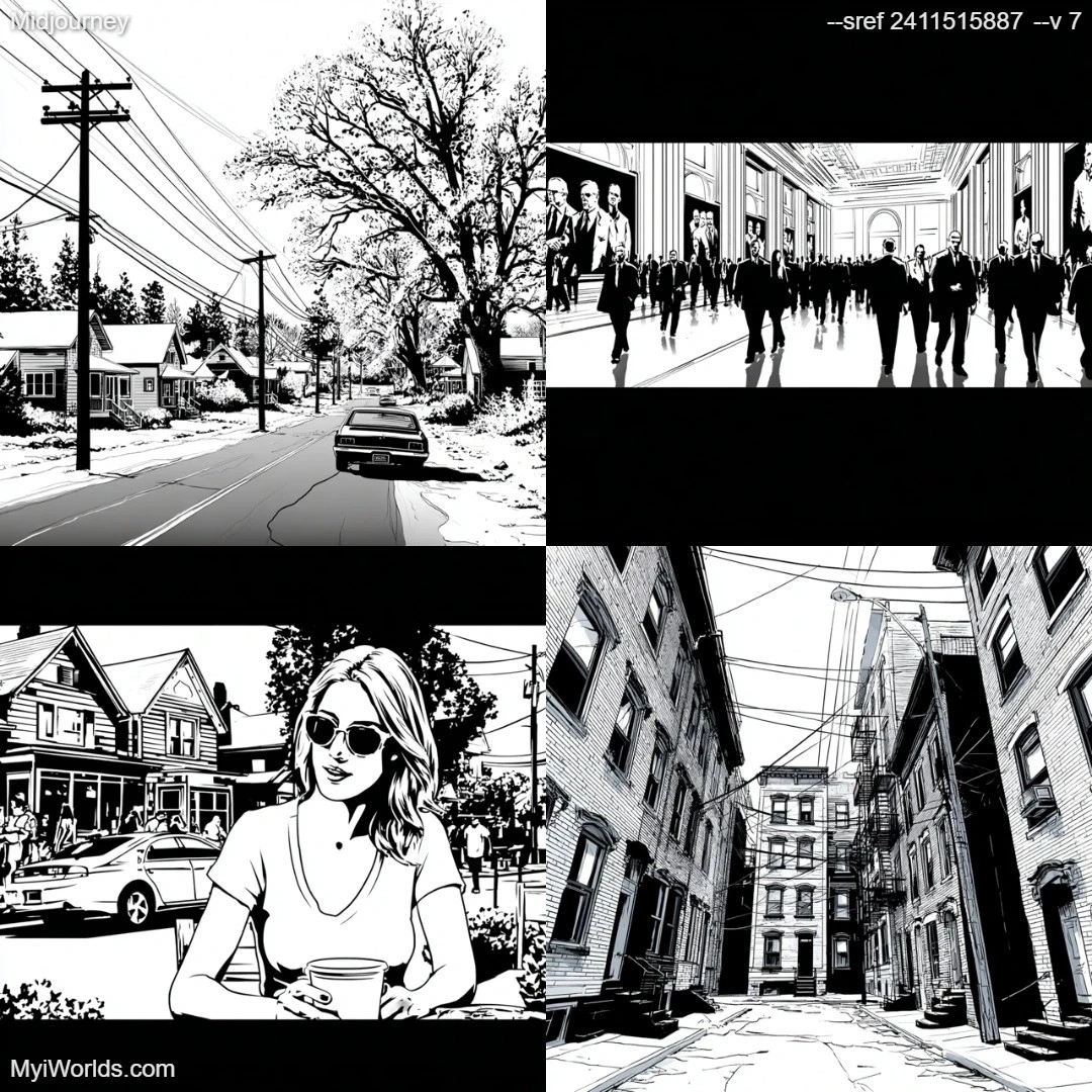 Realistic digital art with a black-and-white urban theme.