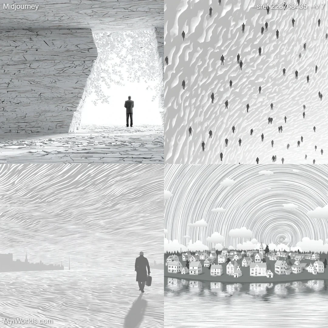 Surrealistic monochromatic art with linear perspective.