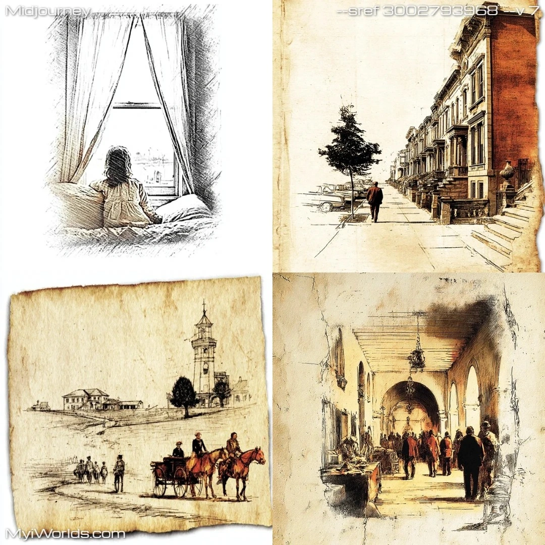 Pencil-sketch-with-muted-colors,-depicting-realistic-architecture-and-city-life.