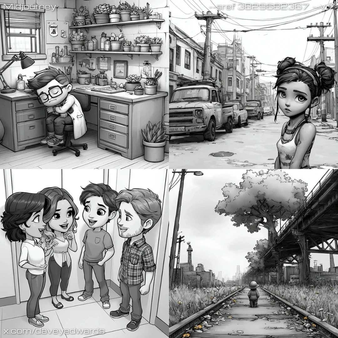 Comic art in black and white with grayscale linework.