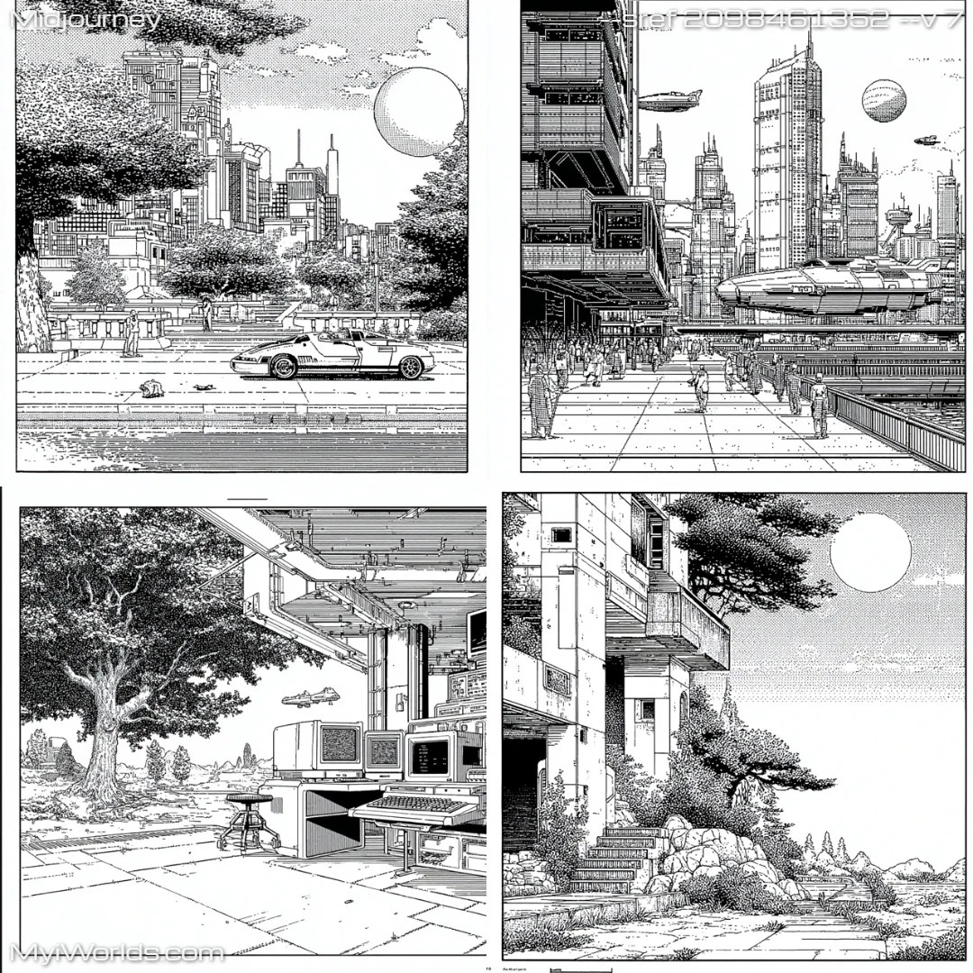 Comic-art-with-high-contrast,-depicting-a-futuristic-urban-scene.