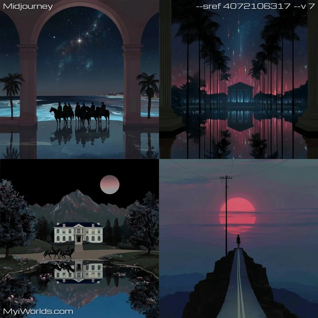 Digital art with high contrast, featuring a nocturnal scene with stylized architecture.