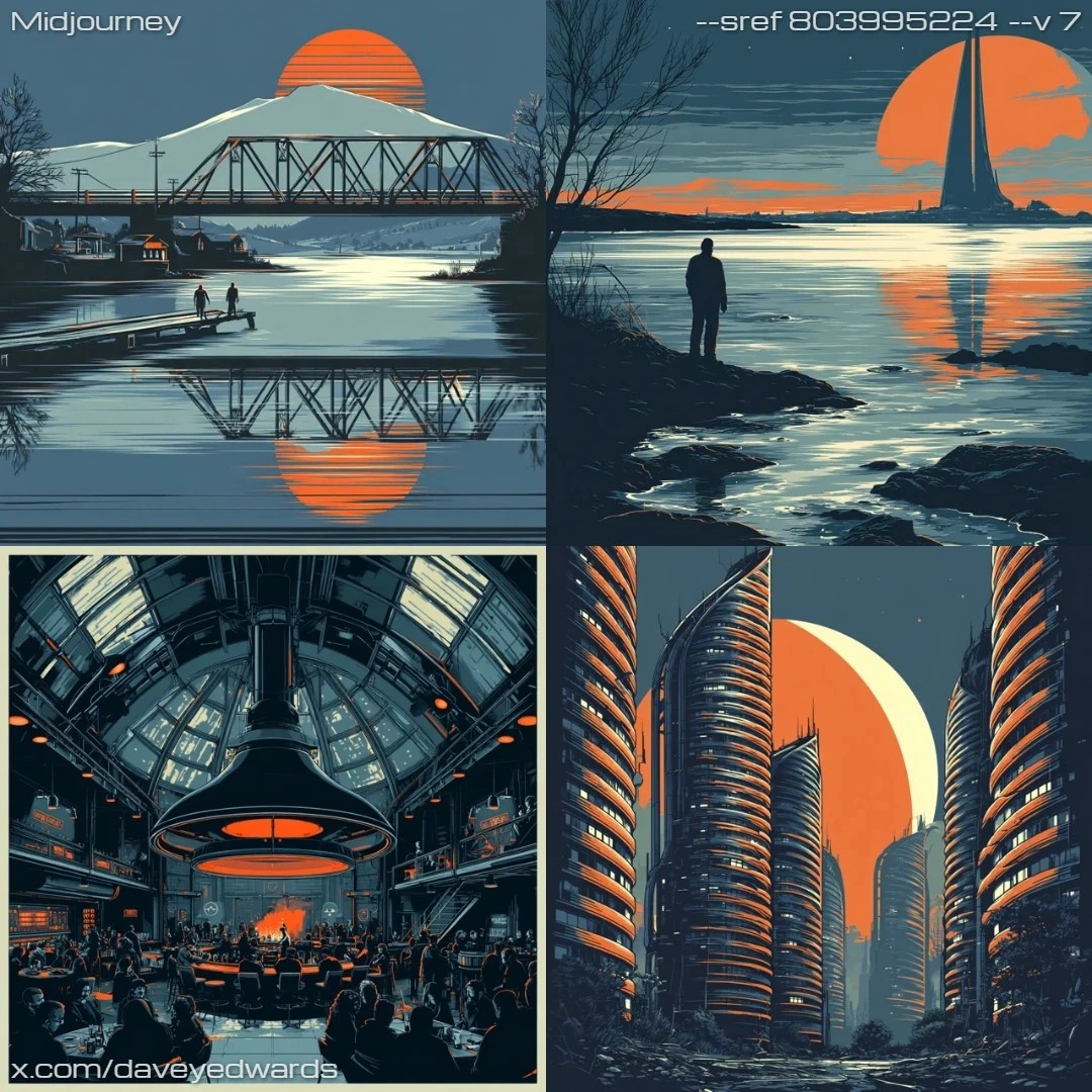 Photorealistic cityscape art with a cool, ambient tone.