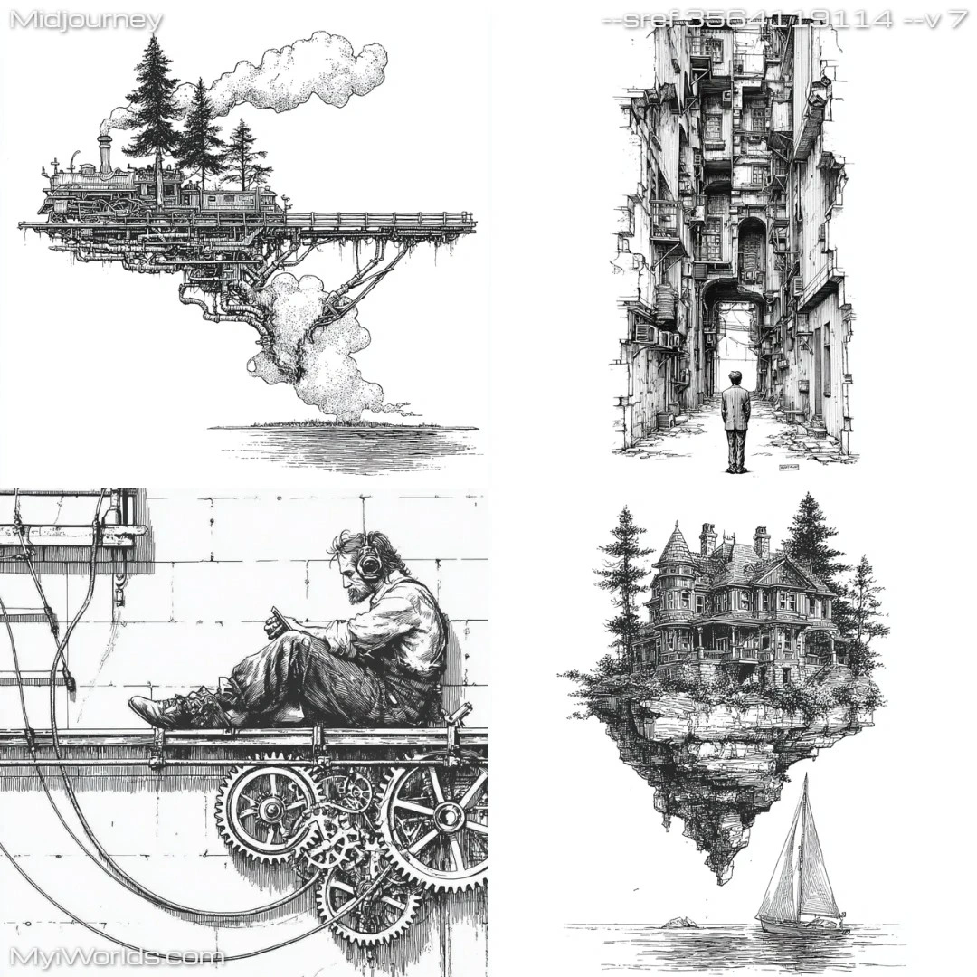 Futuristic black-and-white linework with sci-fi elements.
