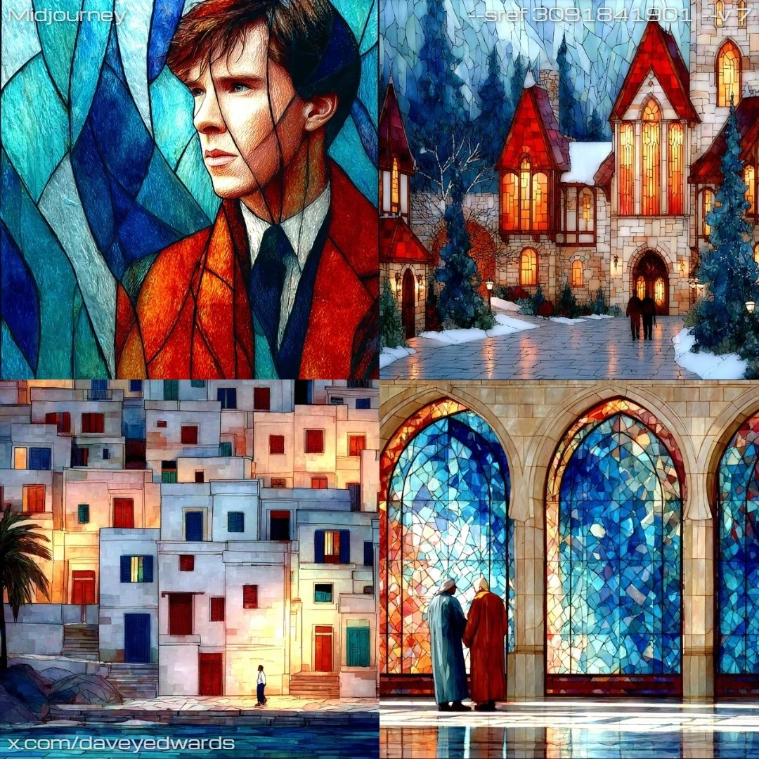 Photorealistic, high-contrast, stained-glass artwork.