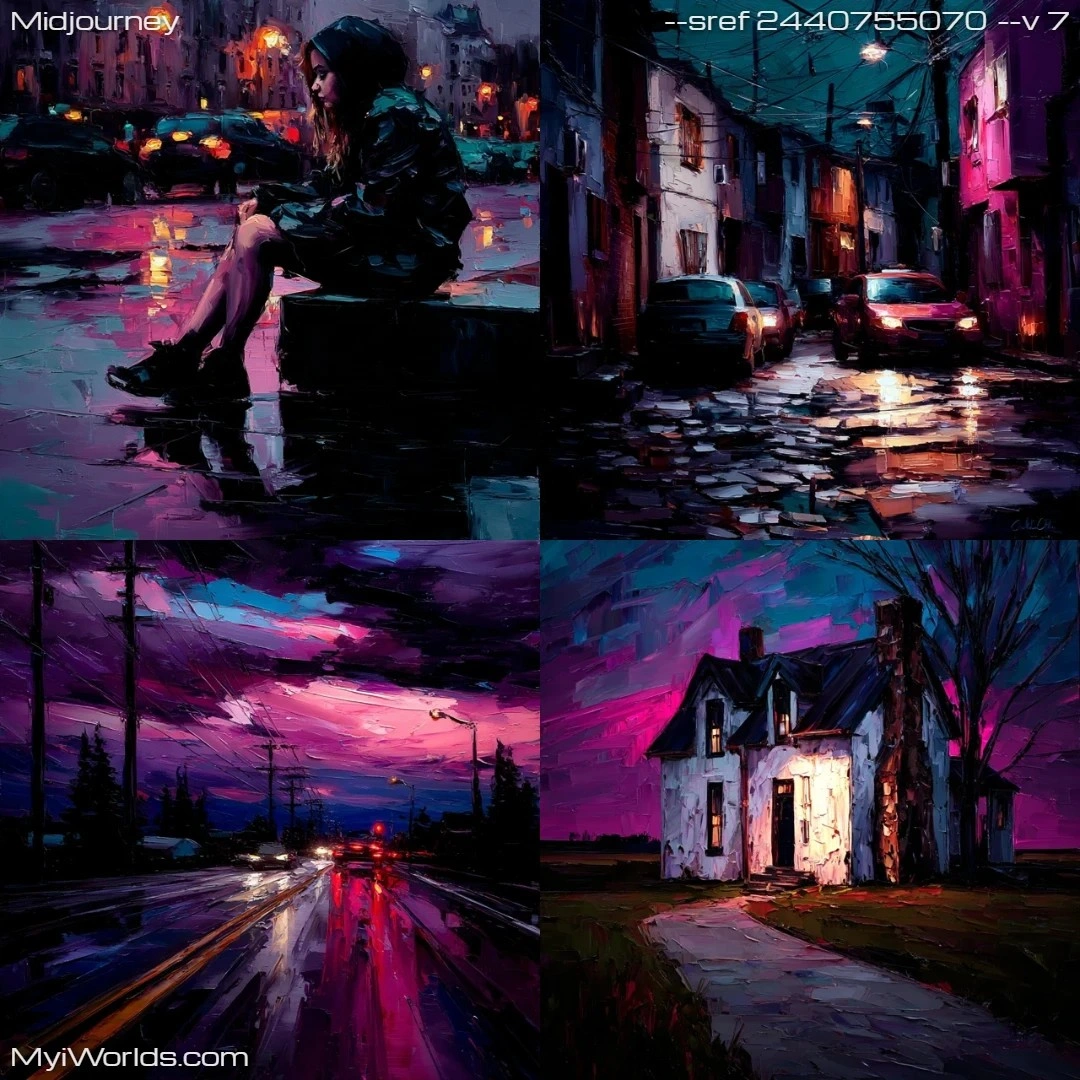 Monochromatic narrative art in an urban setting with atmospheric lighting.