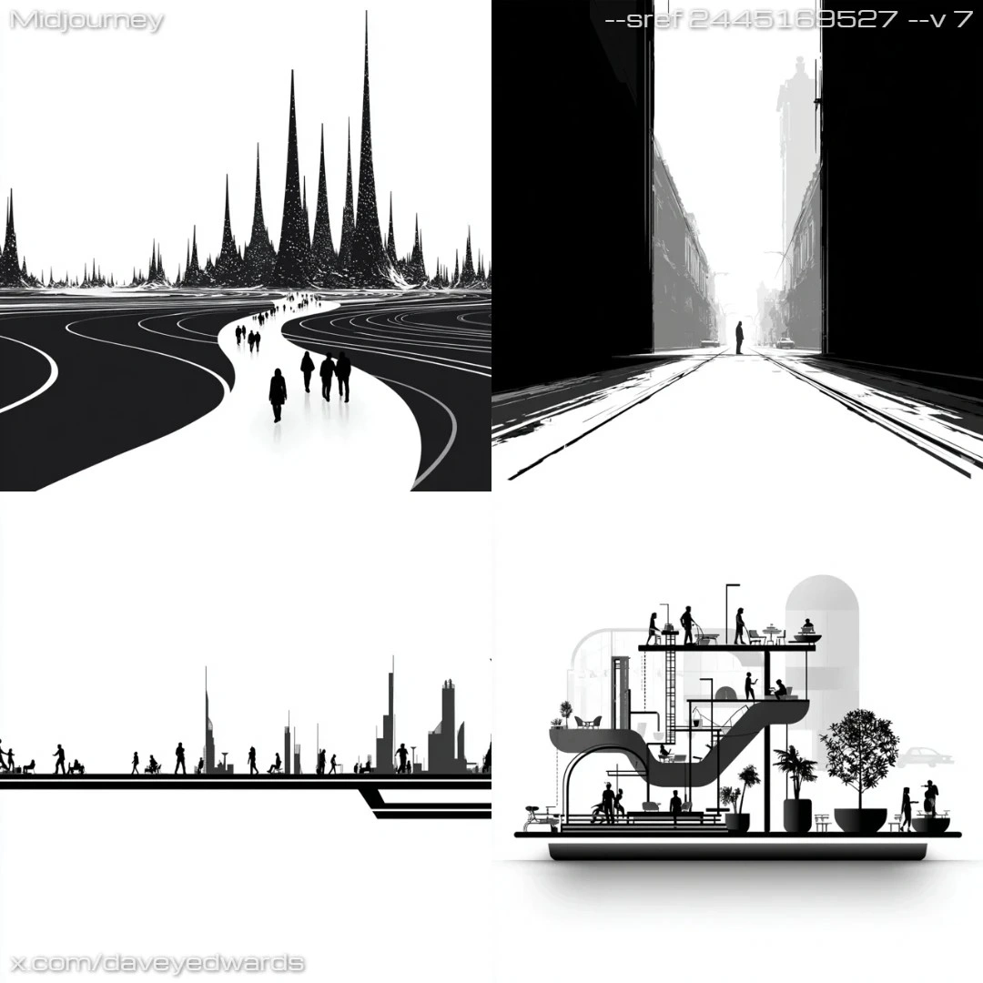Surreal monochrome art with linear perspective and urban landscape elements.