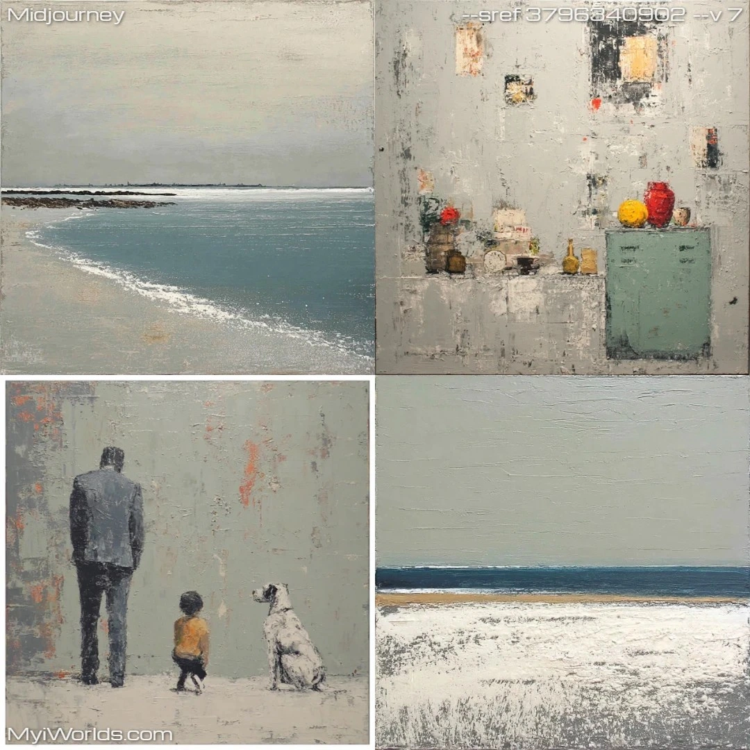 Expressionistic oil painting with muted colors, featuring a figurative style.