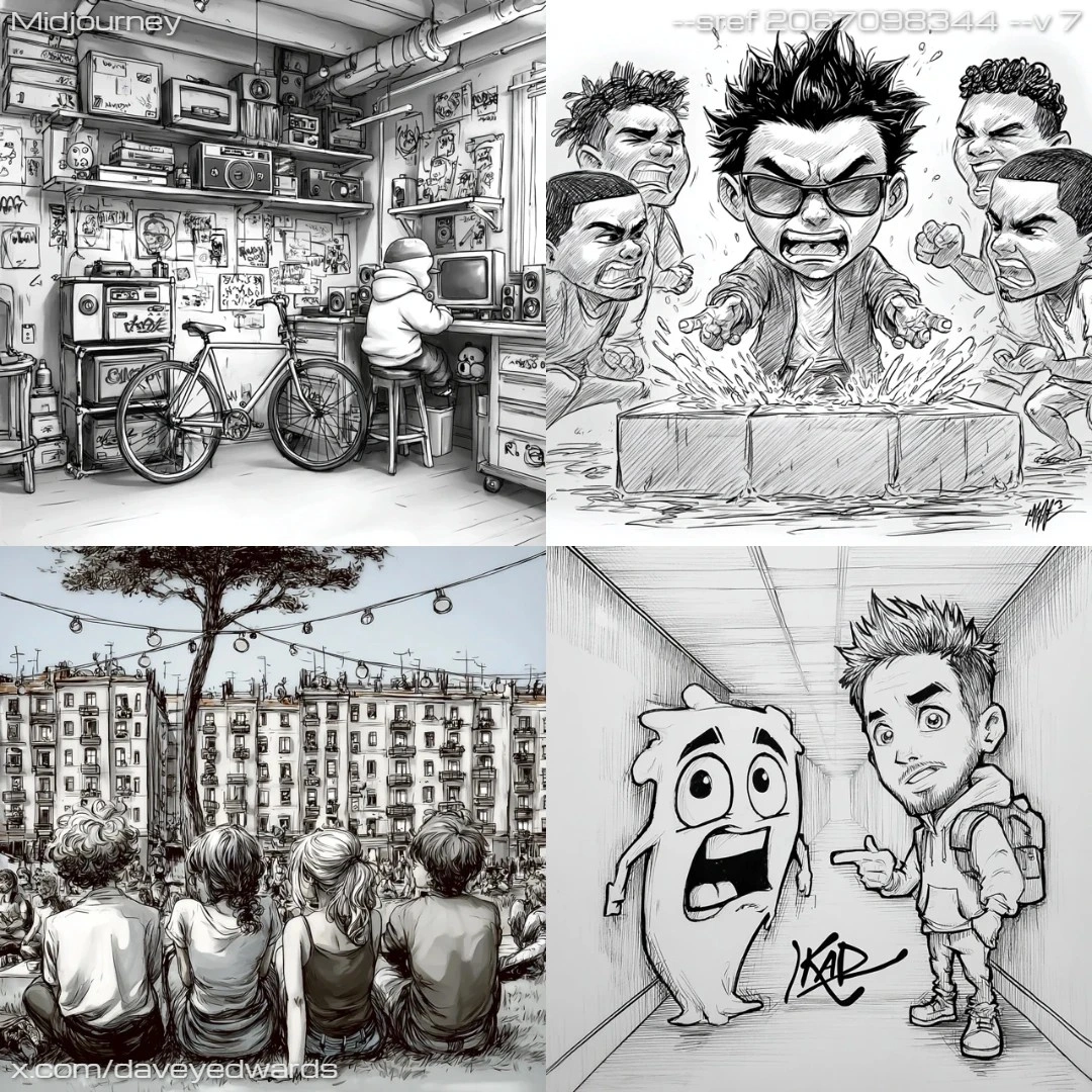 Comic cartoon with emphasis on texture and shading, predominantly in black and white.
