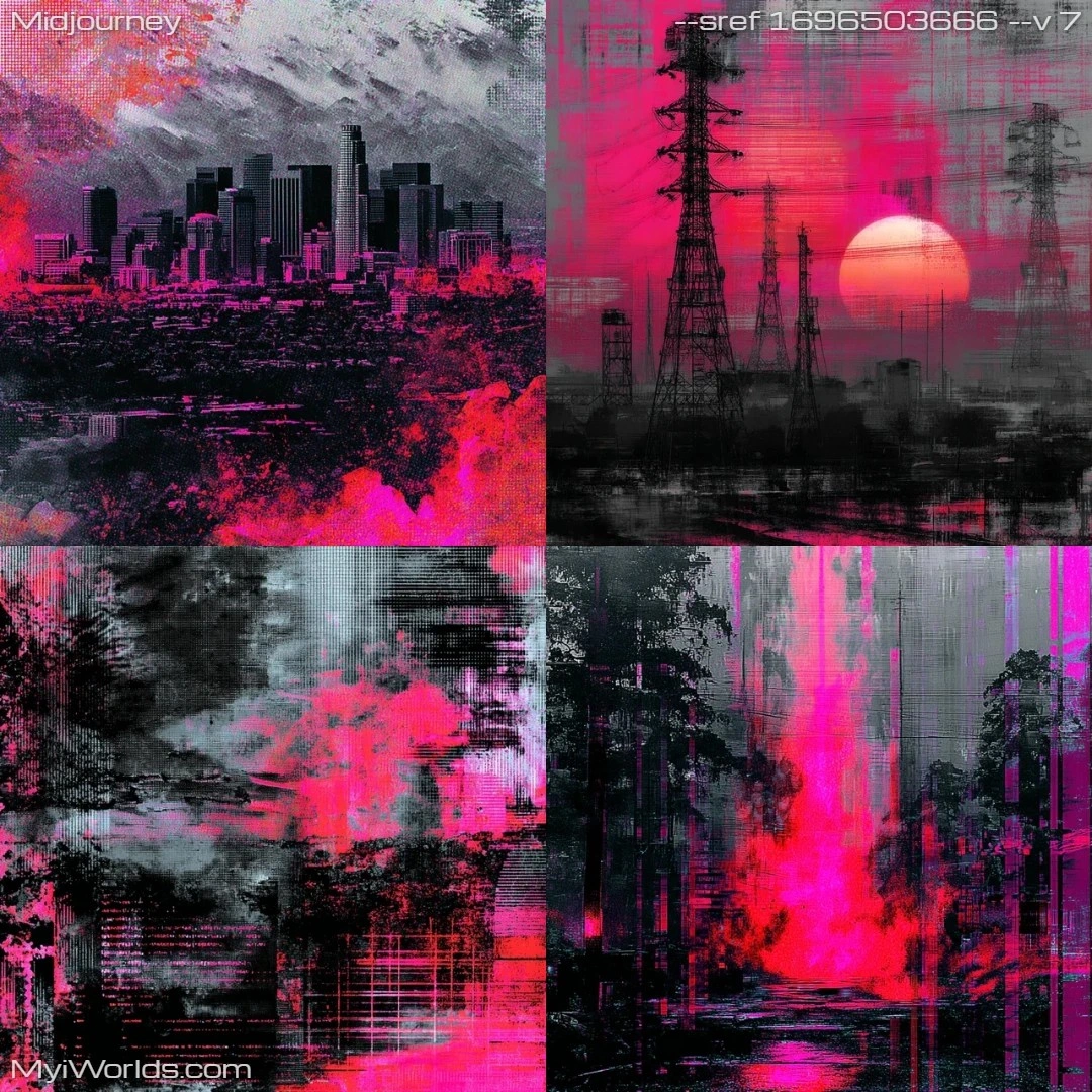 Cyberpunk digital art with pinkish-hued neon lighting.