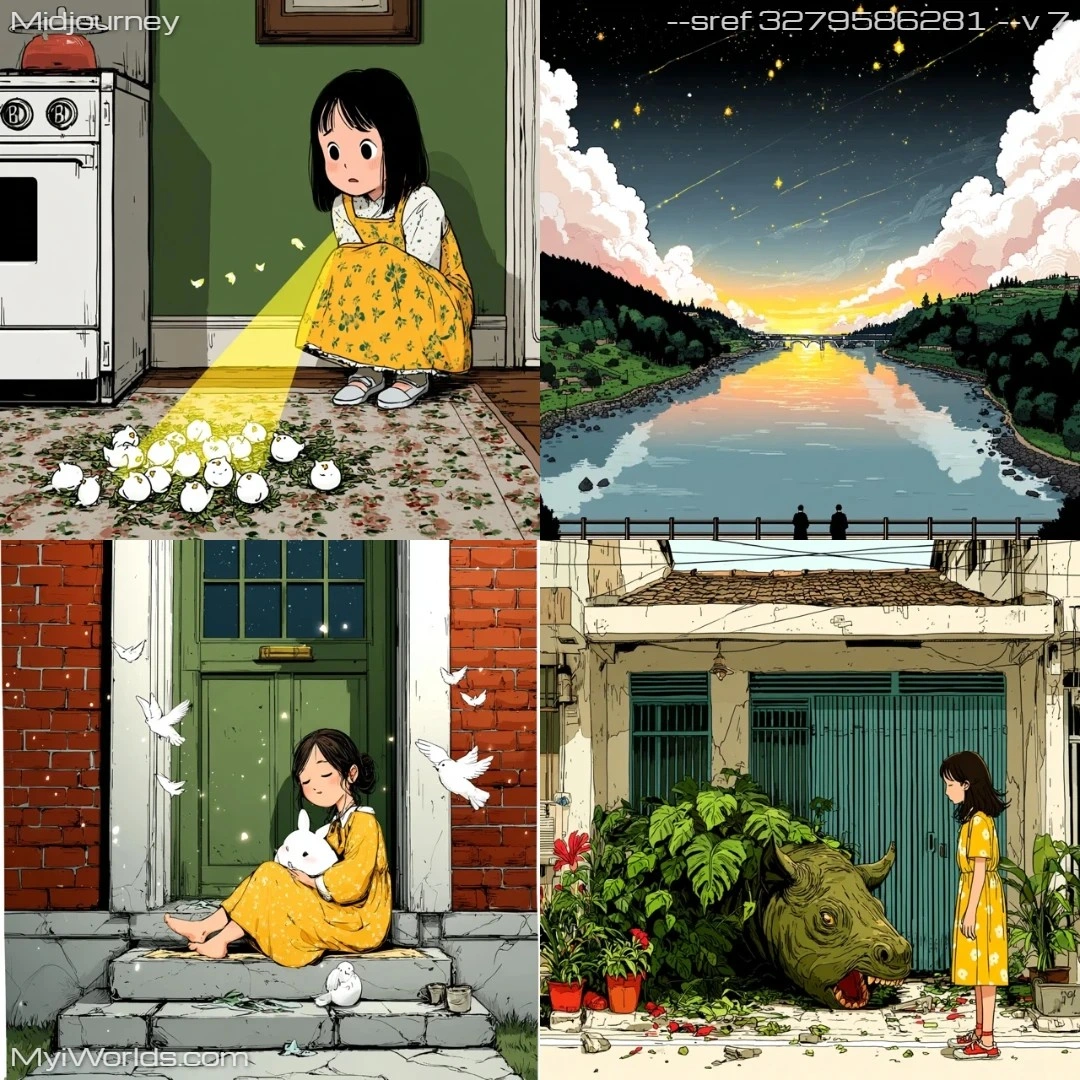 Cartoon illustration with flat colors and simple compositions.