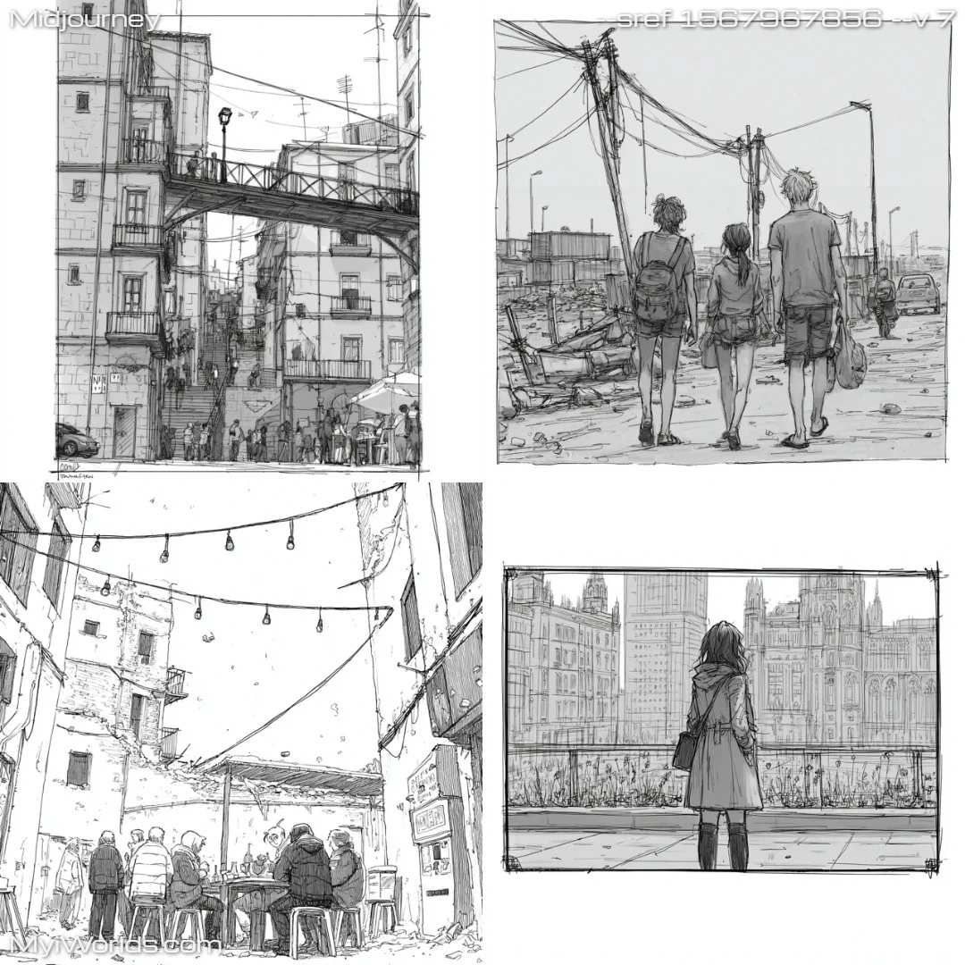 Pencil sketch of high contrast, street scenes with a focus on architectural details and character interactions.