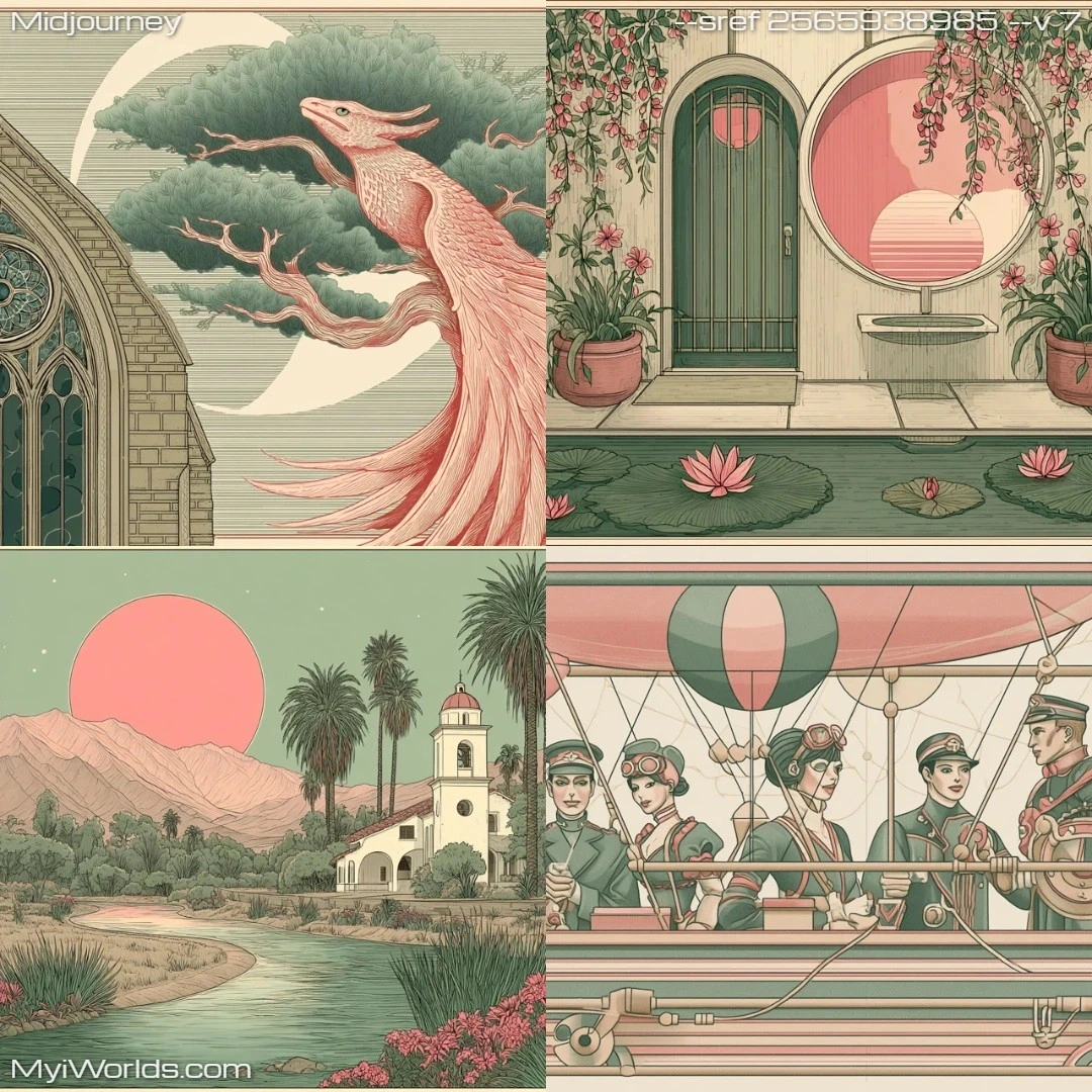 Watercolor painting with whimsical, muted colors.