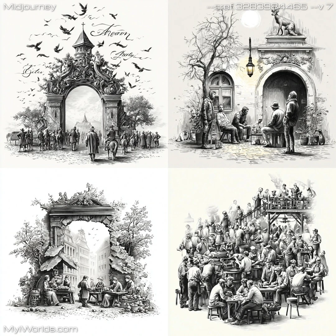 Black-and-white-pencil-drawing-with-detailed-composition,-focusing-on-street-scene-architecture.