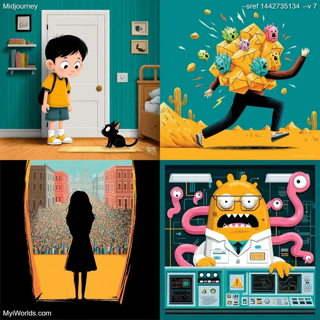 Cartoonish style with stylized characters in limited color palette.