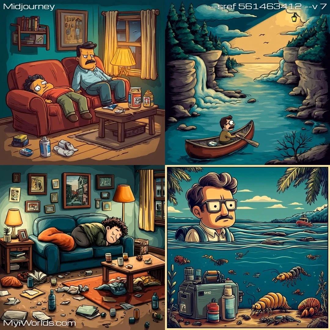 Cartoonish style with limited colors, dark tones, and a stylized approach.
