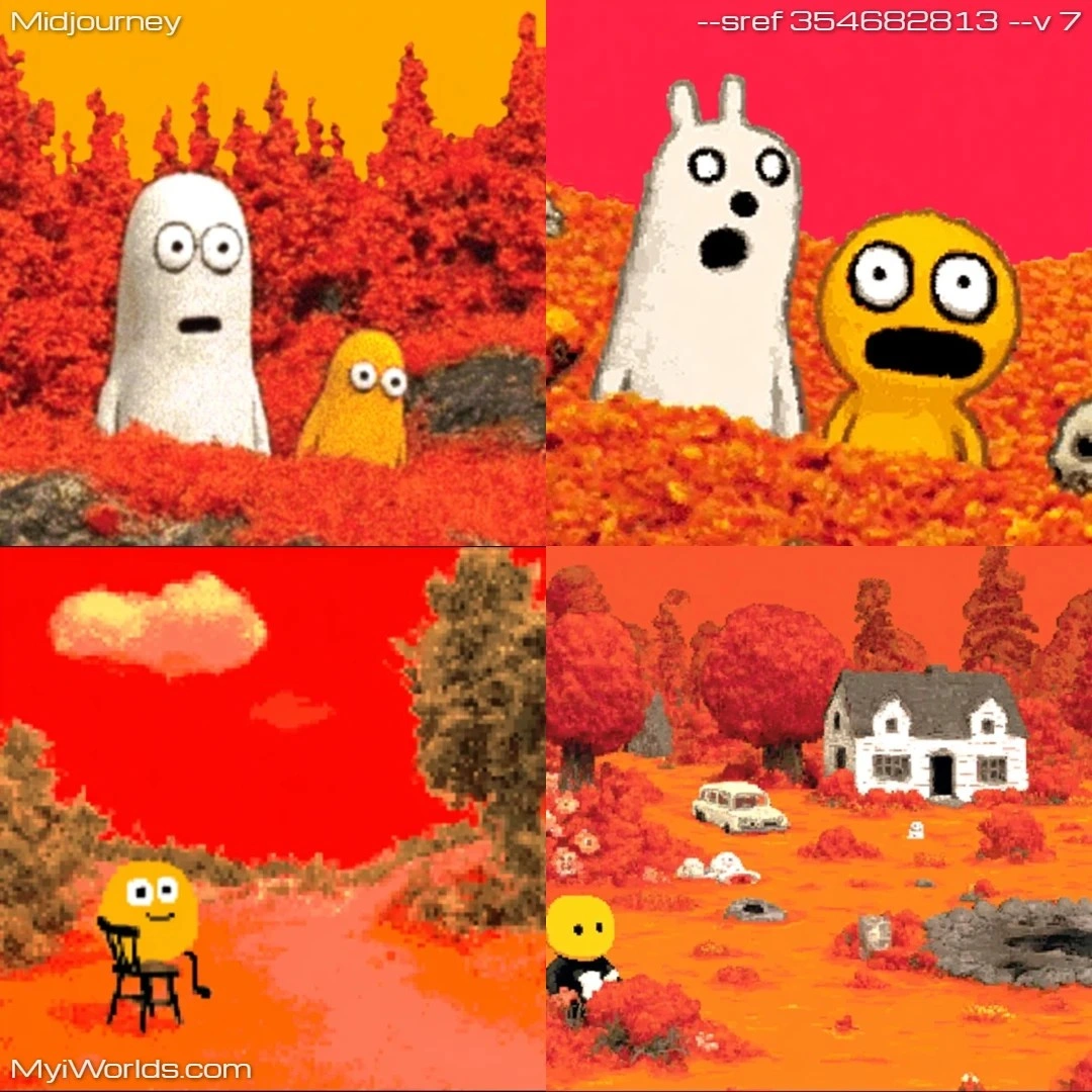 Digital-art-with-a-limited-color-palette,-featuring-cartoon-like-characters-in-a-fantasy-setting.