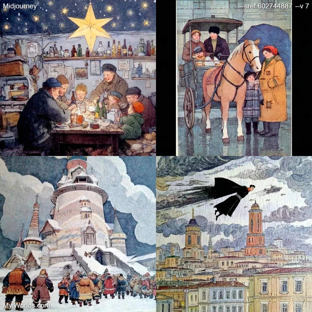 Muted color illustration with a narrative winter scene.