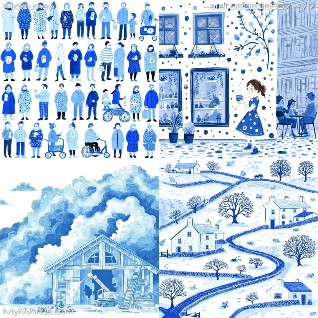Monochromatic comic-style illustration with a dominant blue theme.