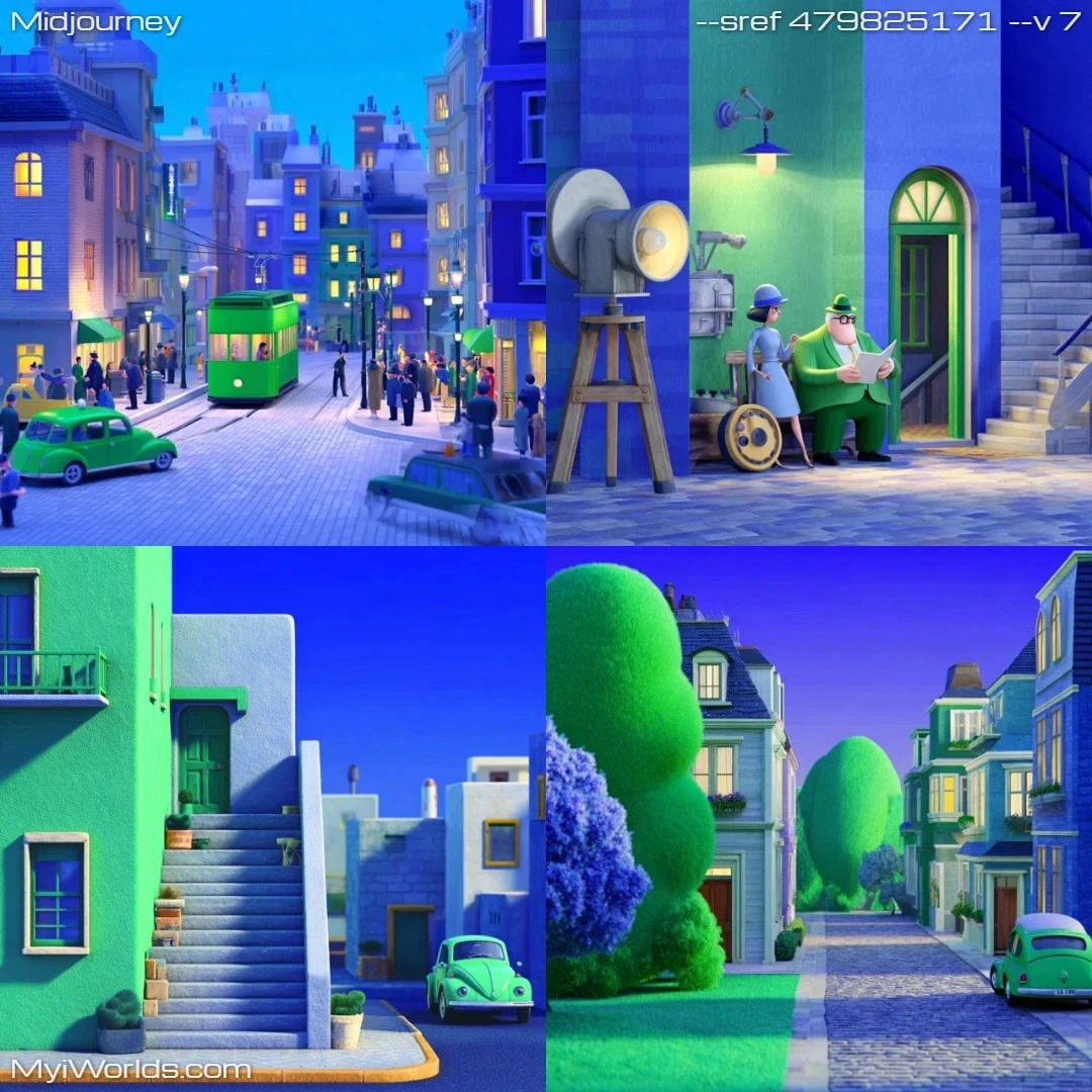Cartoon art with flat colors, stylized architecture and evening lighting.