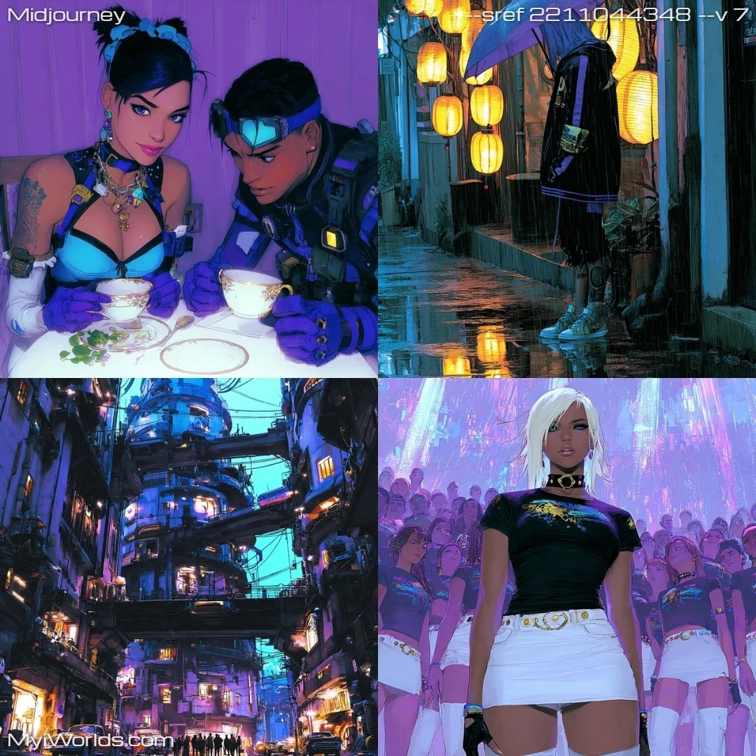 Stylized realistic artwork with high saturation, featuring a dynamic cityscape composition.