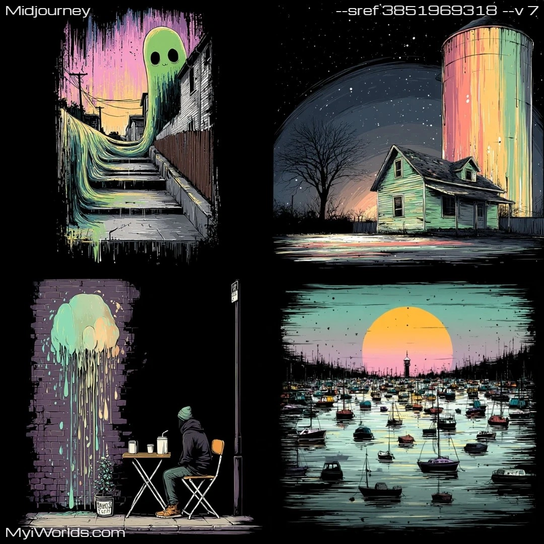 Digital painting with an urban dreamscape scene featuring contrasting colors and a surreal atmosphere.