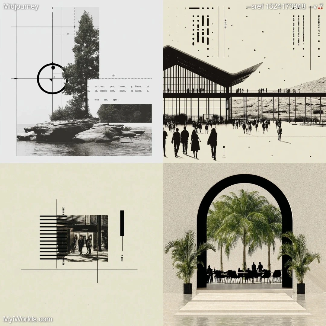 Modernist digital art with a monochromatic palette featuring black, white, and gray tones.