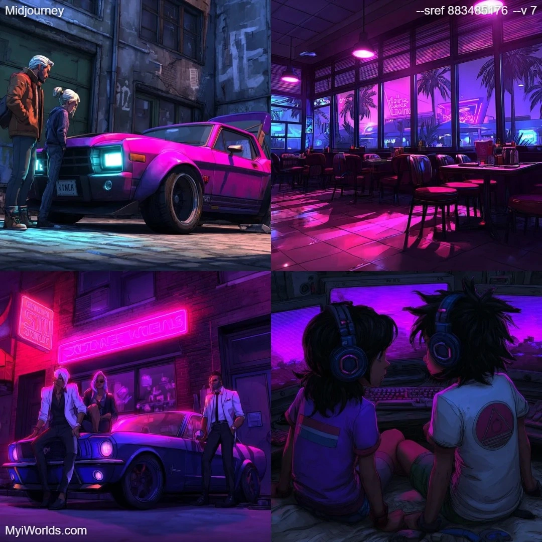 Cyberpunk high contrast mood lighting with urban textures.