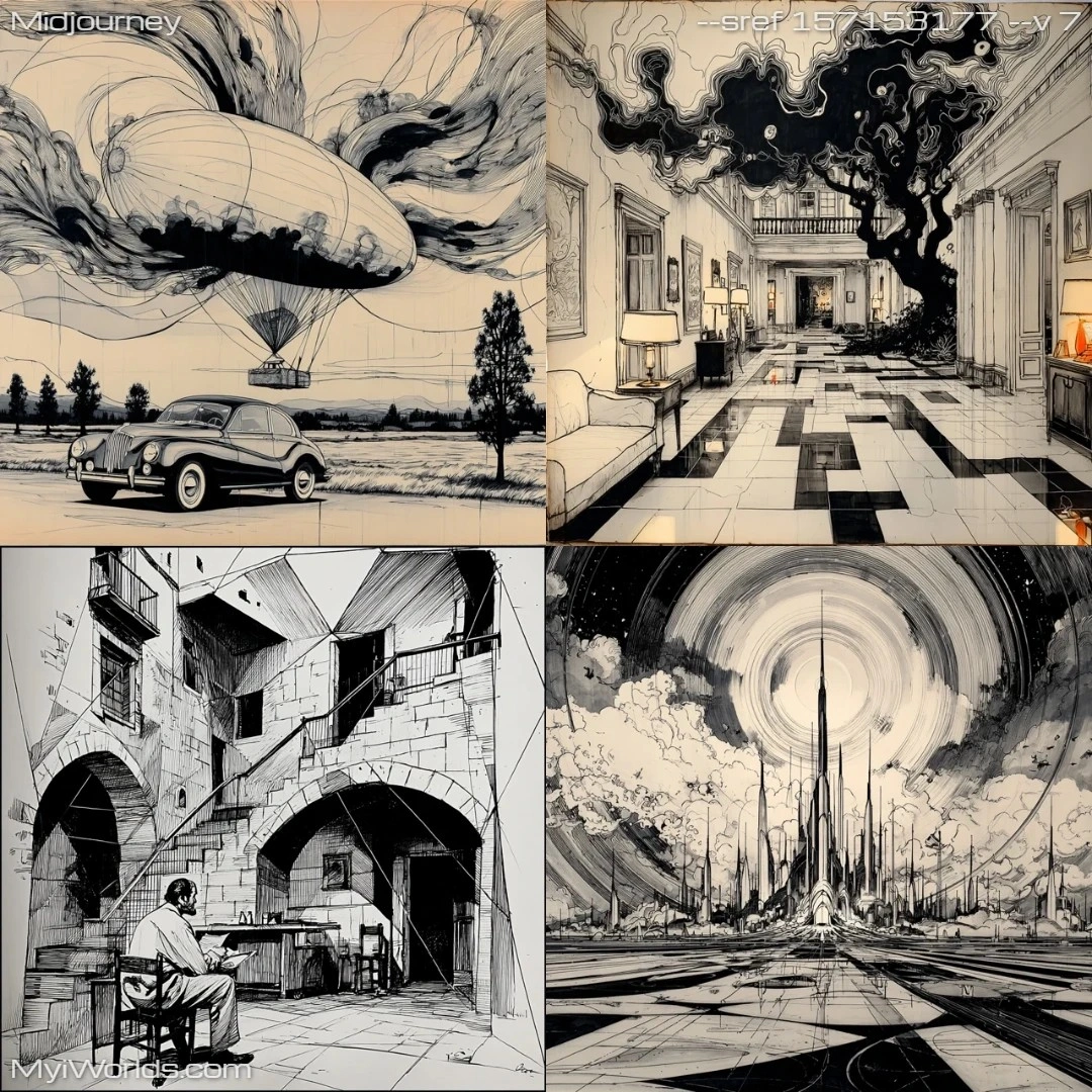 Detailed, surrealistic grayscale illustration with a dreamlike composition.