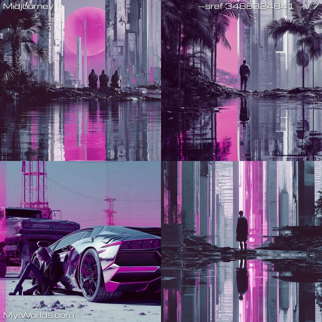 Digital art with a neon-colored, high-contrast lighting in a dystopian scene.