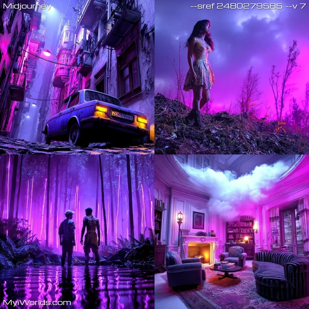 Surreal gothic mixed media art with a purple-dominated atmosphere.