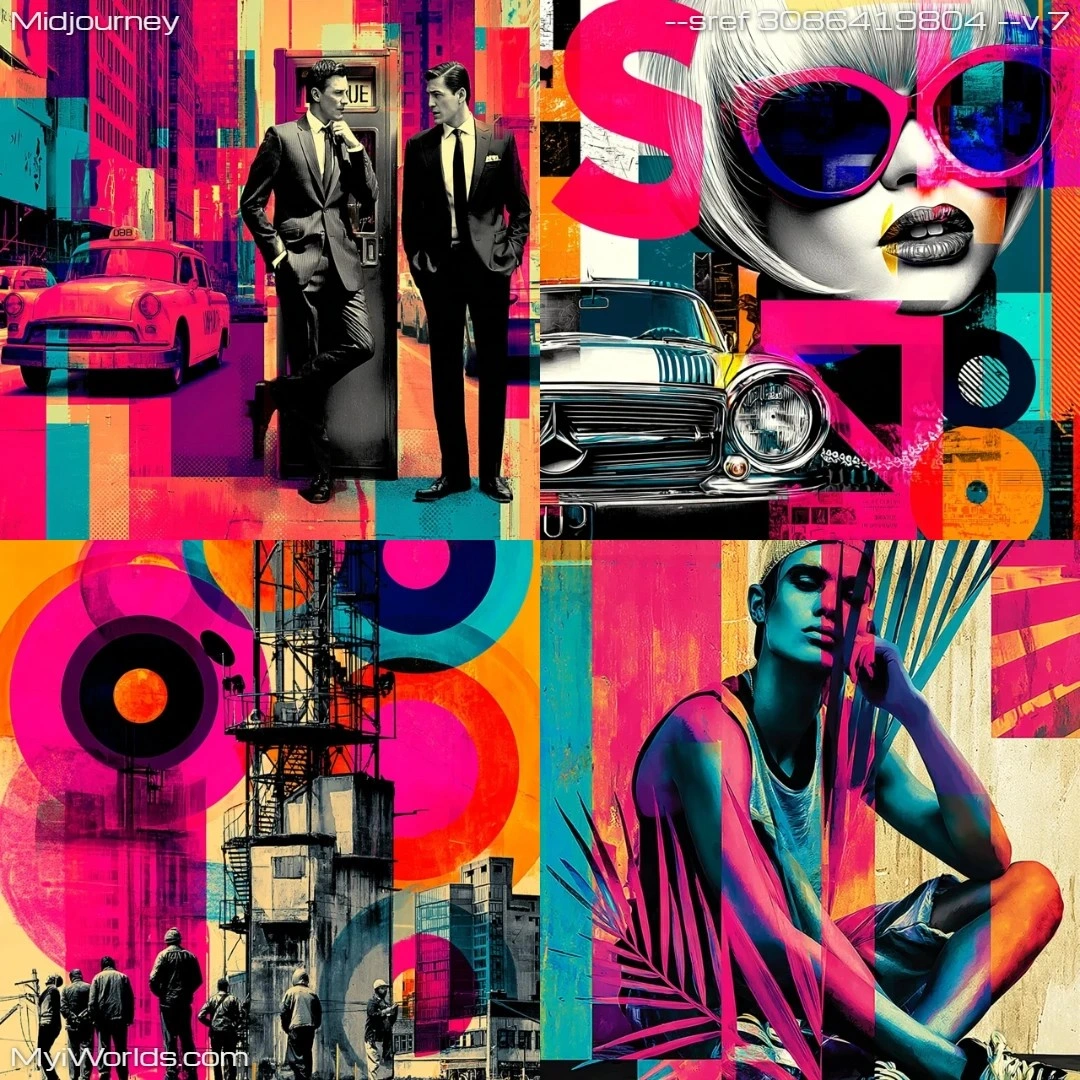 Vibrant modern art collage featuring urban life, with mixed media elements.