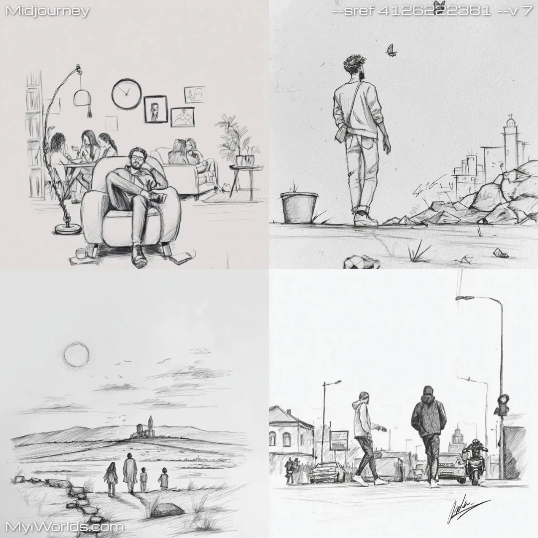 Pencil-sketch-with-monochromatic-grayscale-tones,-depicting-a-street-scene.