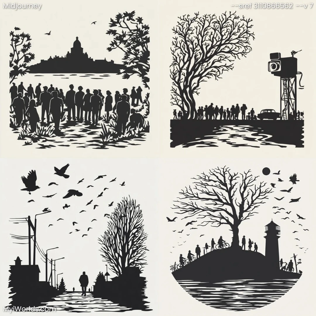 Silhouette-art-in-monochromatic-color-palette,-featuring-modern-landscape-compositions.