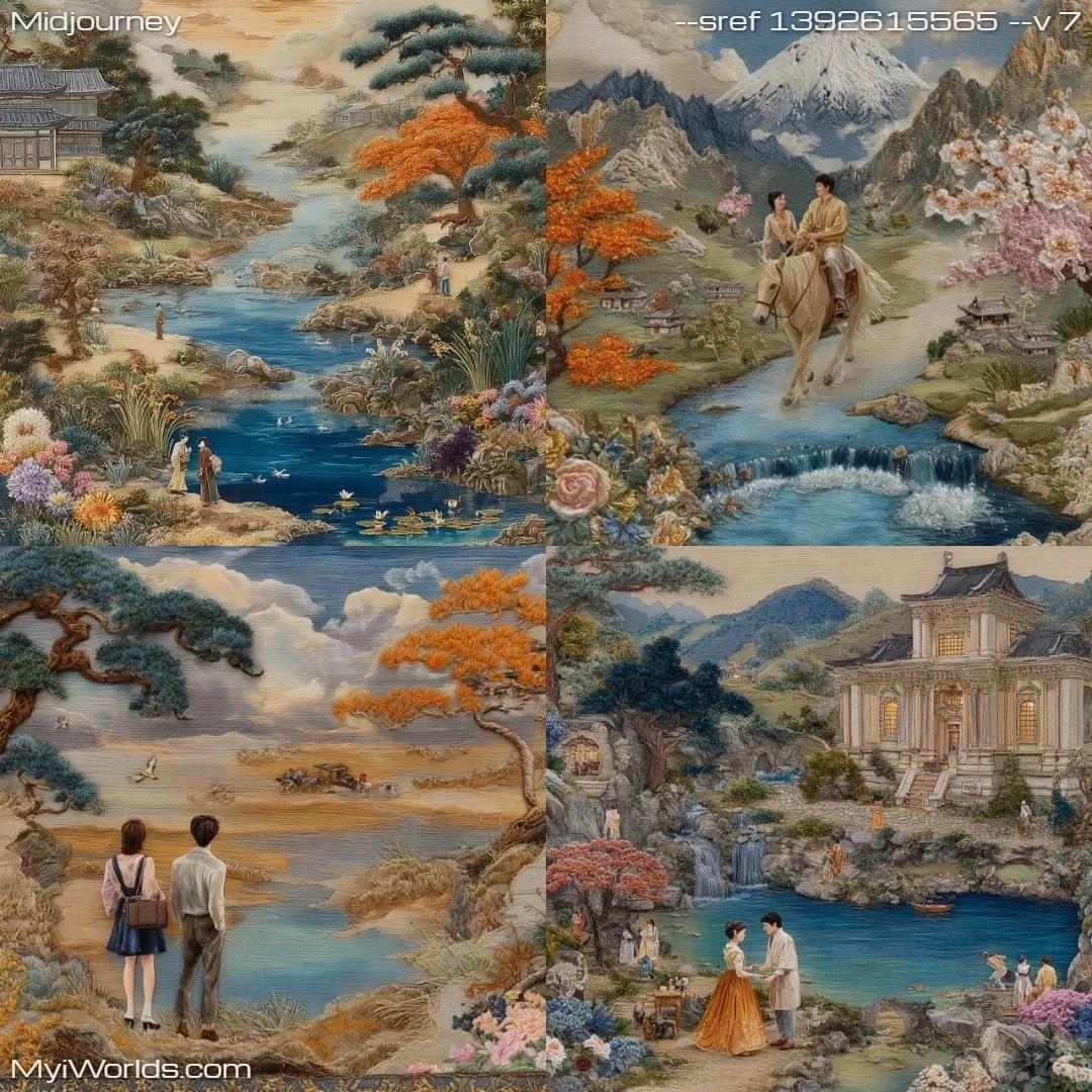Watercolor painting with a naturalistic landscape, soft lighting, and stylized architecture.