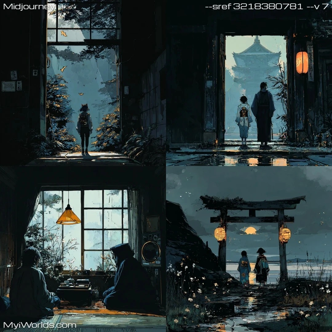 Woodblock-print-with-a-moody,-dark-atmosphere-and-silhouette-style.