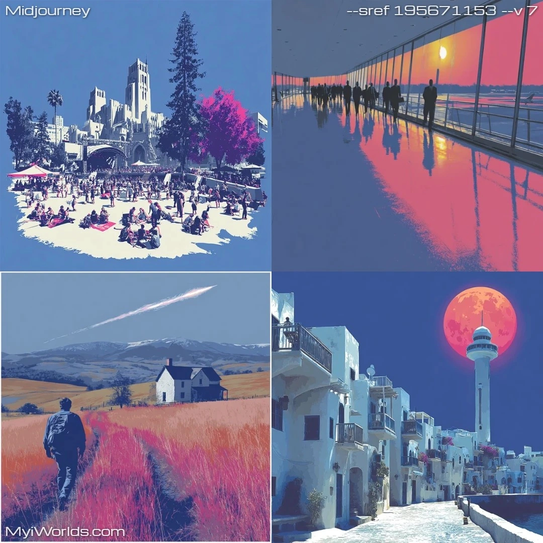 Stylized digital art with a pinkish-blue color theme and linear compositions.