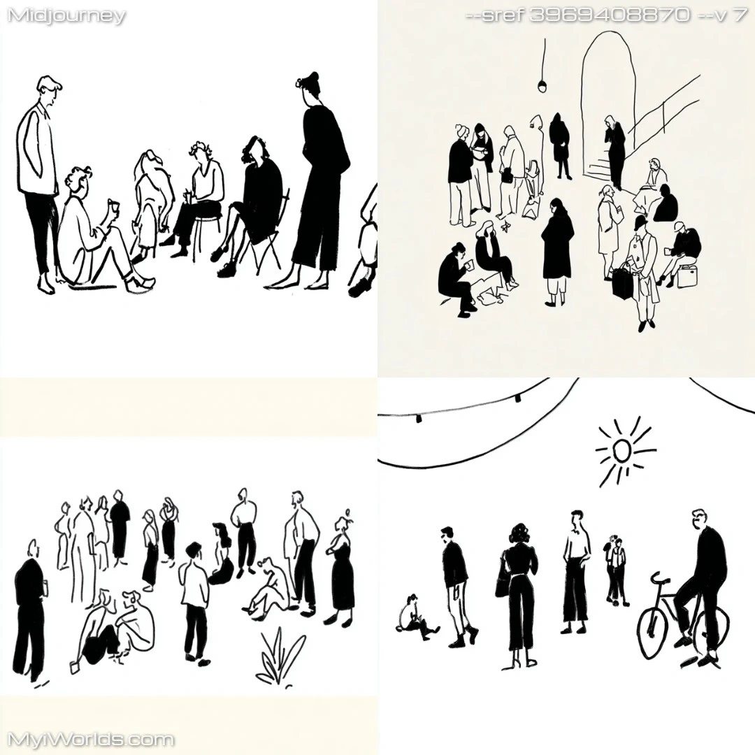 Black-and-white-pencil-sketch-featuring-silhouettes-of-people-in-a-street-scene-with-a-warm,-naturalistic-lighting.