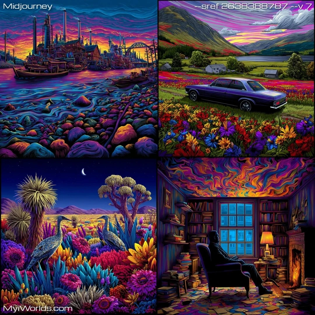 Surrealistic fantasy painting with dark ambiance and psychedelic elements.
