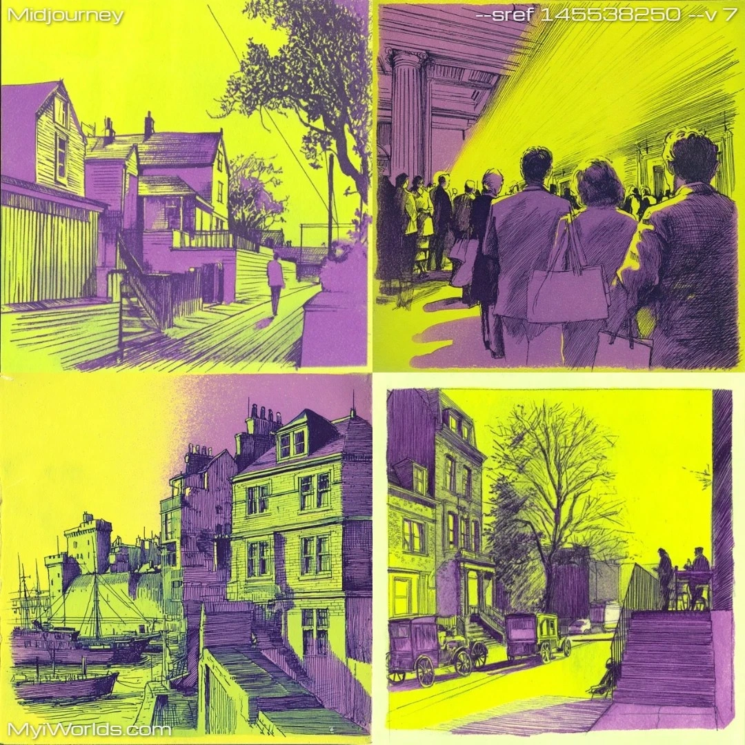 Comic-book-art-with-a-muted-color-palette,-showcasing-an-urban-street-scene.